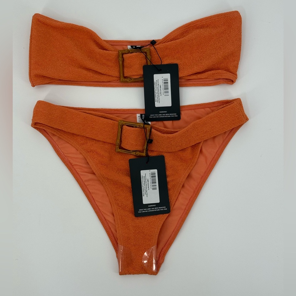 PrettyLittle Thing Mini Crinkle Wooden Strapless Bikini Top/ High Waist Bottom